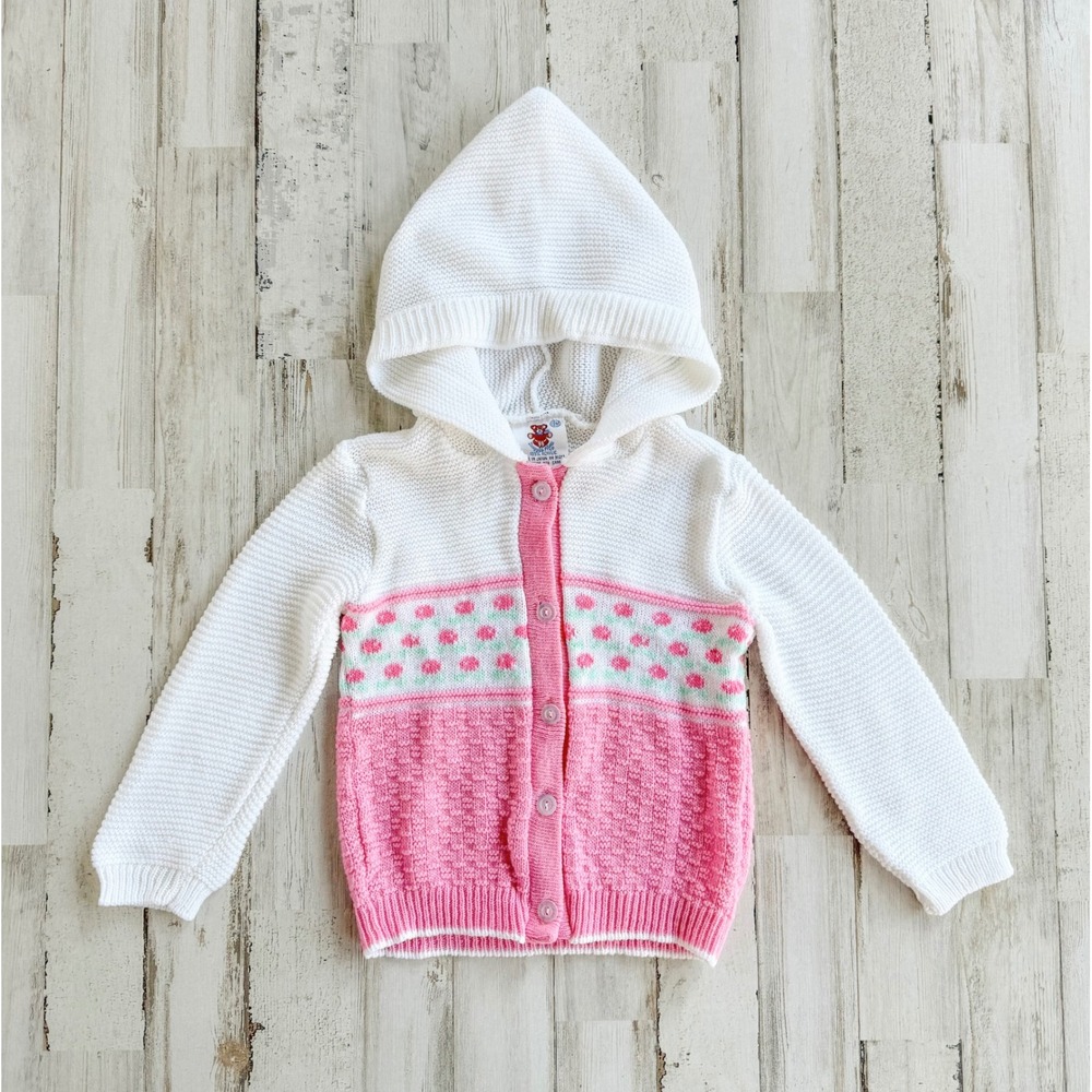Vintage 80s 90s Hooded Cardigan Sweater Pink White Floral Dot Baby Girls 12 Mos